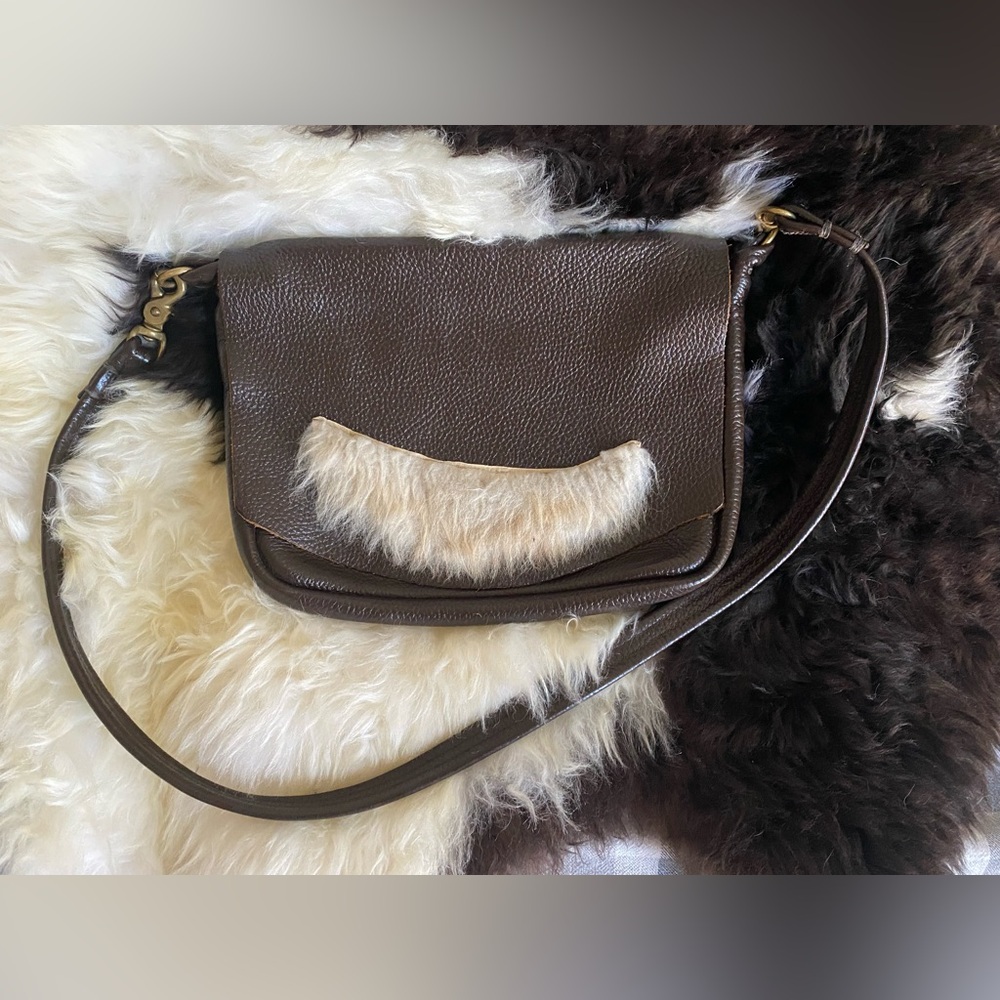 Brown Leather Shoulder Bag with Fur Accent